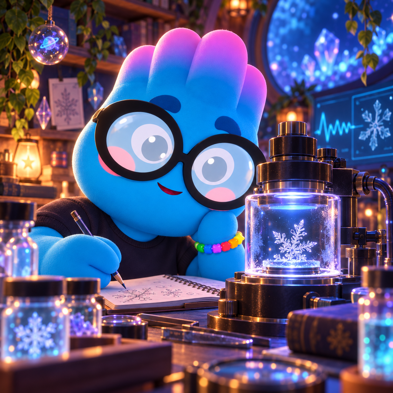Itty observing a water crystal in her research room